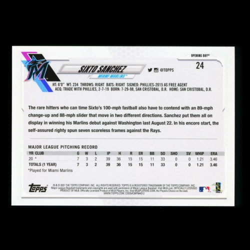 Sixto Sanchez RC 2021 Topps Opening Day Rookie Marlins