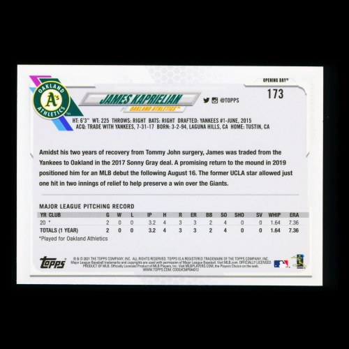James Kaprielian RC 2021 Topps Opening Day Rookie Athletics