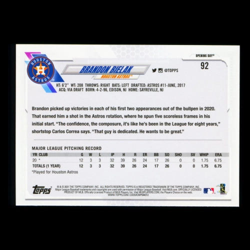 Brandon Bielak RC 2021 Topps Opening Day Rookie Astros