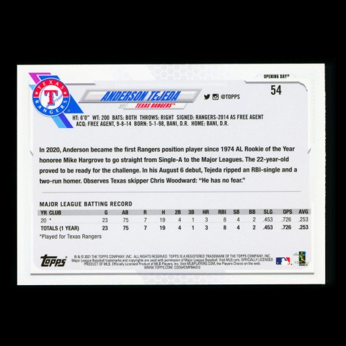 Anderson Tejeda RC 2021 Topps Opening Day Rookie Rangers
