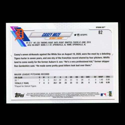 Casey Mize RC 2021 Topps Opening Day Rookie Tigers
