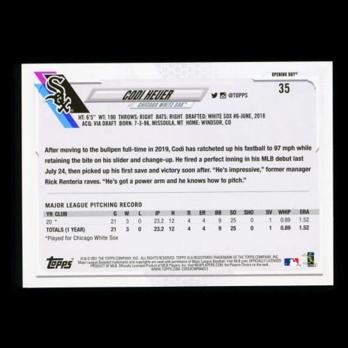Codi Heuer RC 2021 Topps Opening Day Rookie White Sox