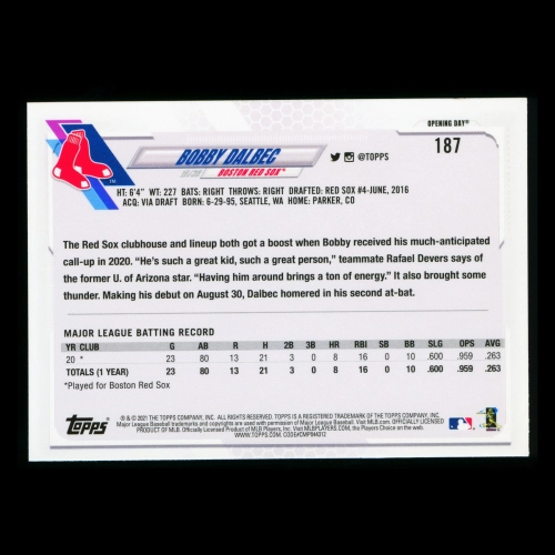 Bobby Dalbec RC 2021 Topps Opening Day Rookie Red Sox