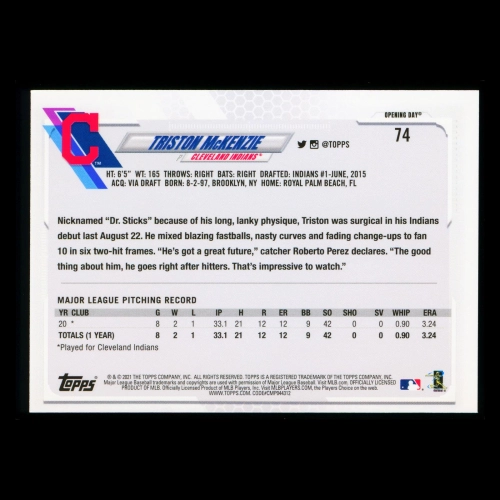 Triston McKenzie RC 2021 Topps Opening Day Rookie Indians