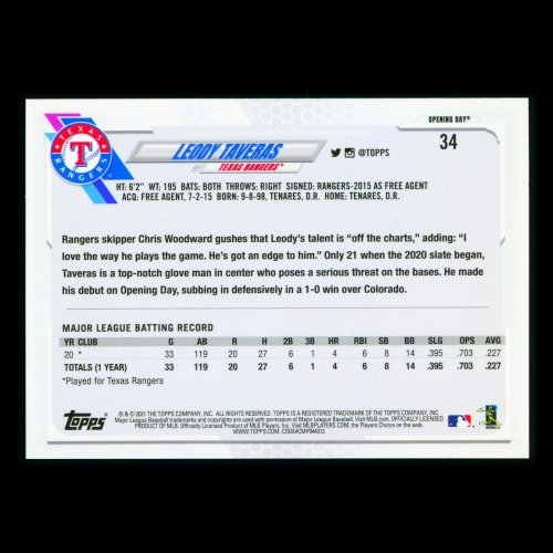 Leody Taveras RC 2021 Topps Opening Day Rookie Rangers
