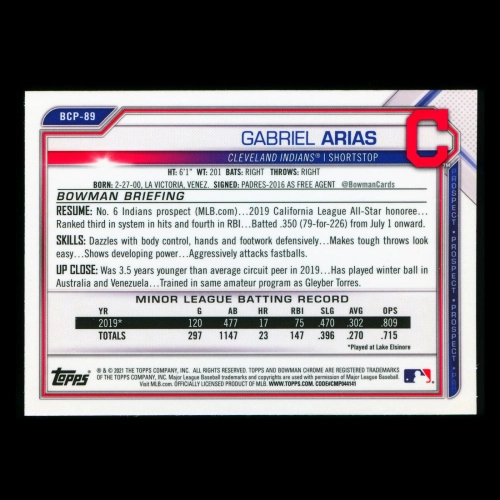 Gabriel Arias 2021 Bowman Chrome 1st Bowman Prospect Indians