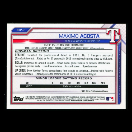 Maximo Acosta 2021 Bowman Chrome 1st Bowman Prospect Rangers