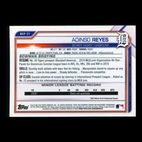 Adinso Reyes 2021 Bowman Chrome 1st Bowman Prospect Tigers