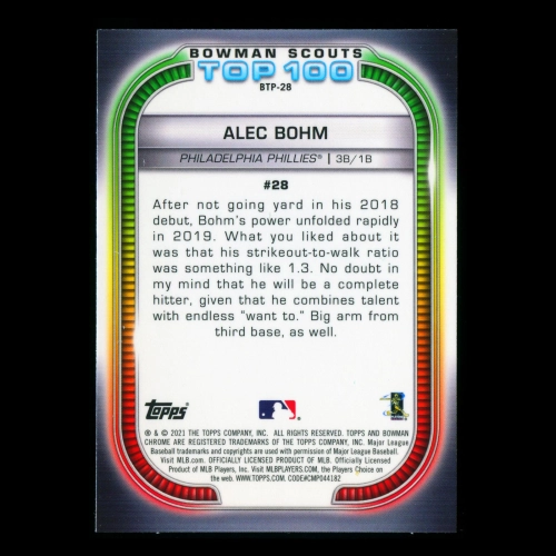 Alec Bohm RC 2021 Bowman Chrome Scouts Top 100 Rookie | #28 Phillies