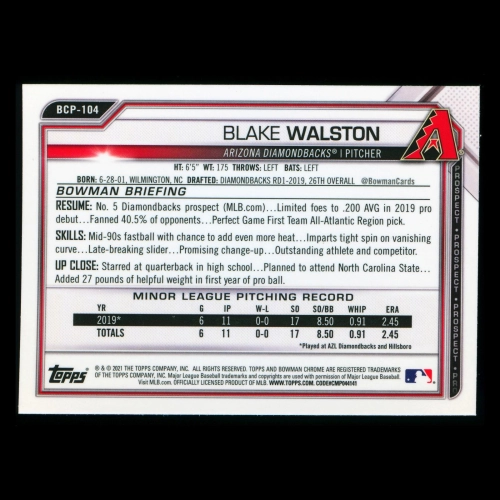Blake Walston 2021 Bowman Chrome Prospect Diamondbacks