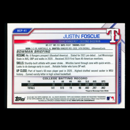 Justin Foscue 2021 Bowman Chrome Prospect Rangers