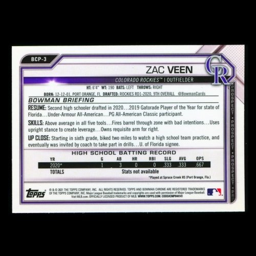 Zac Veen 2021 Bowman Chrome Prospect Rockies