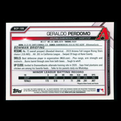 Geraldo Perdomo 2021 Bowman Chrome Prospect Diamondbacks