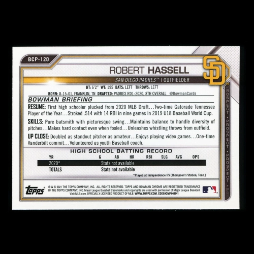Robert Hassell 2021 Bowman Chrome Prospect Padres