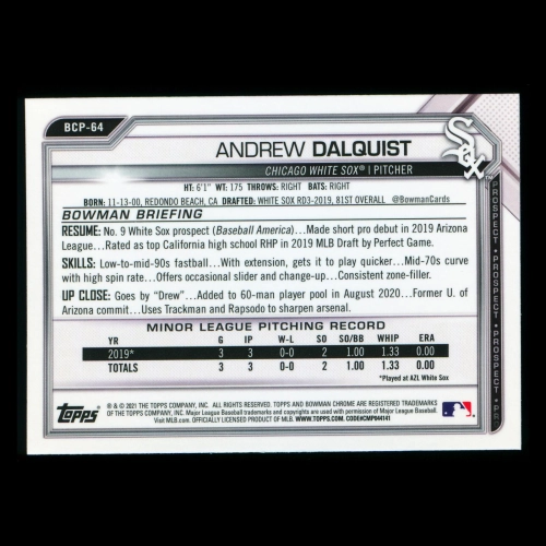 Andrew Dalquist 2021 Bowman Chrome Prospect White Sox