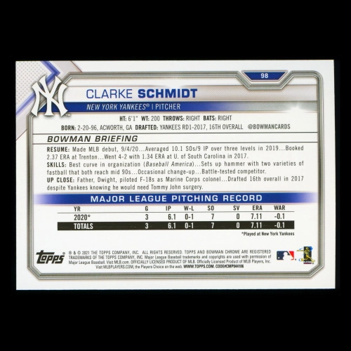 Clarke Schmidt RC 2021 Bowman Rookie Yankees