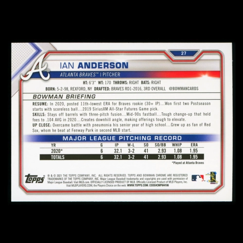 Ian Anderson RC 2021 Bowman Rookie Braves