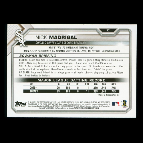 Nick Madrigal RC 2021 Bowman Rookie White Sox