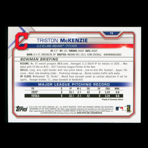 Triston McKenzie RC 2021 Bowman Rookie Indians