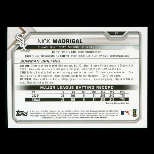 Nick Madrigal RC 2021 Bowman Rookie White Sox