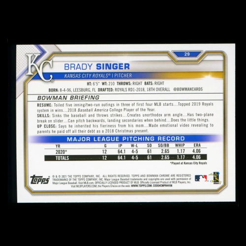 Brady Singer RC 2021 Bowman Rookie Royals