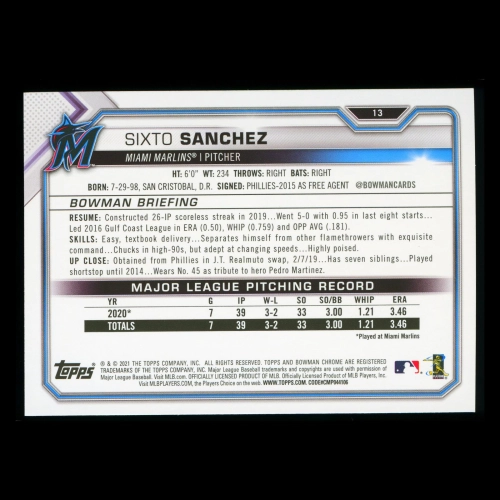 Sixto Sanchez RC 2021 Bowman Rookie Marlins