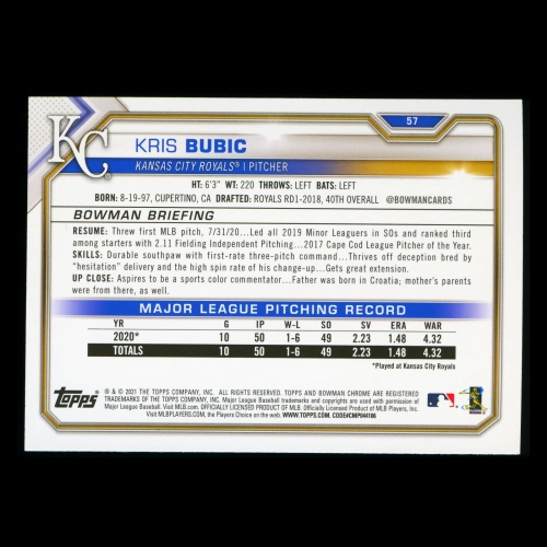 Kris Bubic RC 2021 Bowman Rookie Royals