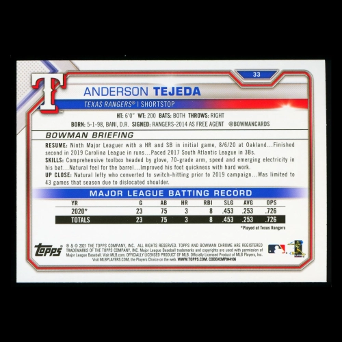 Anderson Tejeda RC 2021 Bowman Rookie Rangers