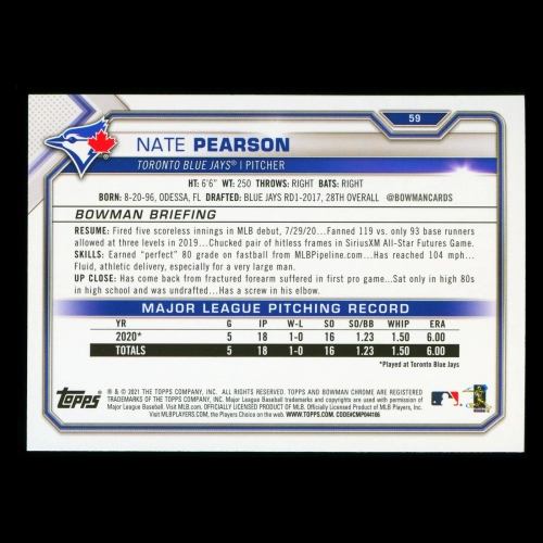 Nate Pearson RC 2021 Bowman Rookie Blue Jays