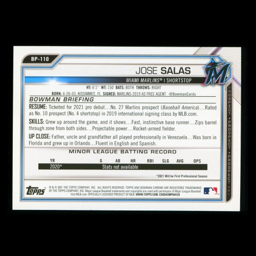 Jose Salas 2021 Bowman Prospect 1st Bowman Marlins