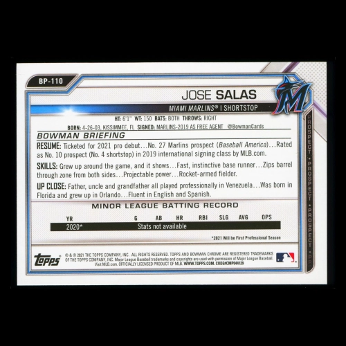Jose Salas 2021 Bowman Prospect 1st Bowman Marlins