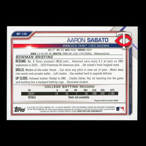 Aaron Sabato 2021 Bowman Prospect 1st Bowman Twins