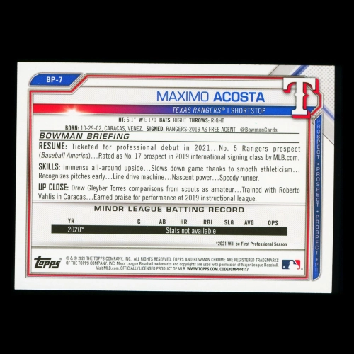 Maximo Acosta 2021 Bowman Prospect 1st Bowman Rangers