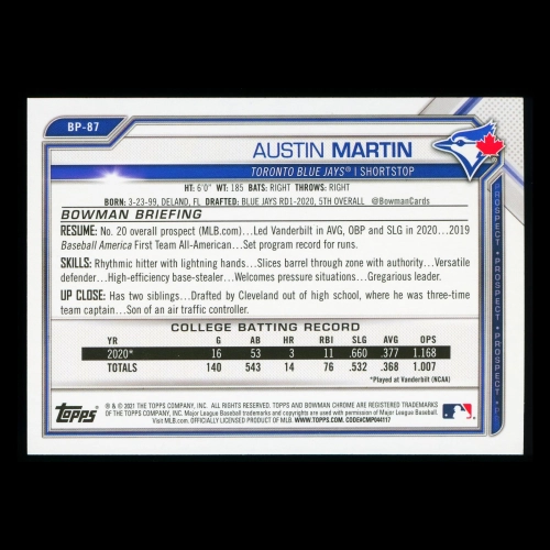 Austin Martin 2021 Bowman Prospect 1st Bowman Blue Jays