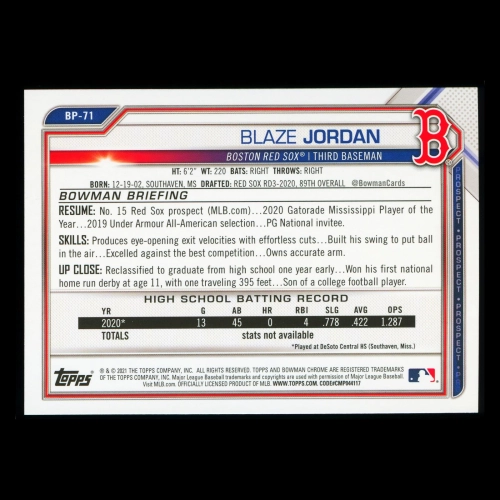 Blaze Jordan 2021 Bowman Prospect 1st Bowman Red Sox