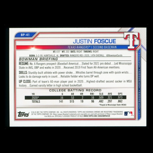 Justin Foscue 2021 Bowman Prospect Rangers