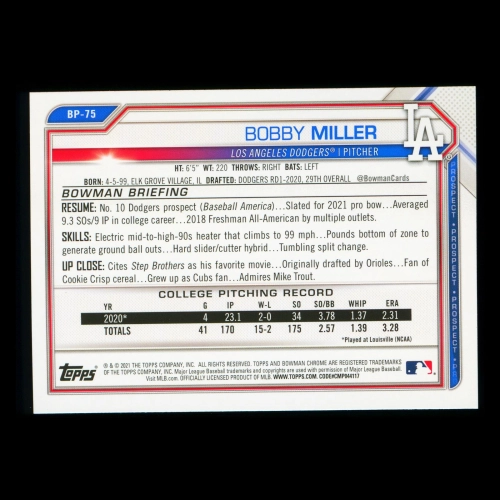 Bobby Miller 2021 Bowman Prospect Dodgers