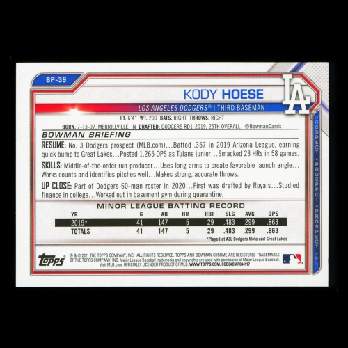 Kody Hoese 2021 Bowman Prospect Dodgers