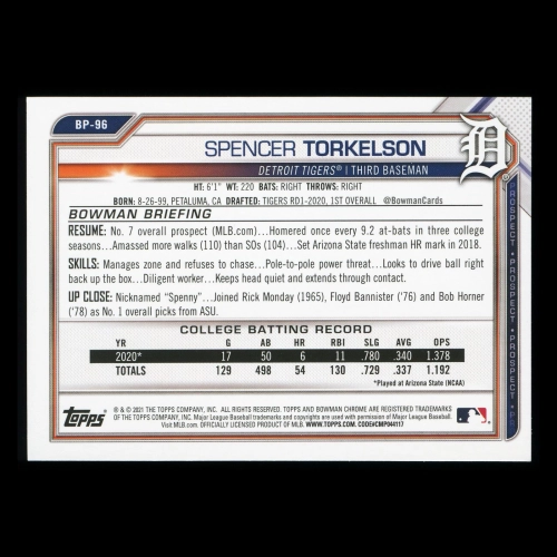 Spencer Torkelson 2021 Bowman Prospect Tigers