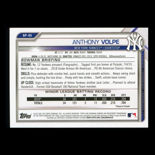 Anthony Volpe 2021 Bowman Prospect Yankees