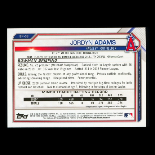 Jordyn Adams 2021 Bowman Prospect Angels