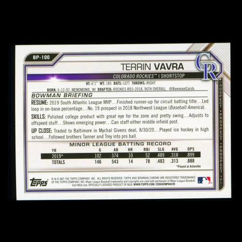 Terrin Vavra 2021 Bowman Prospect Rockies