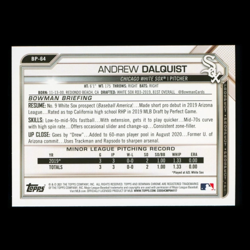Andrew Dalquist 2021 Bowman Prospect White Sox
