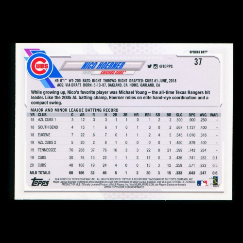 Nico Hoerner 2021 Topps Opening Day Future Stars Cubs