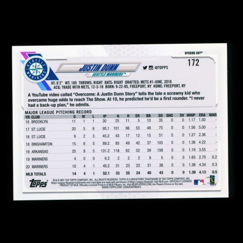Justin Dunn 2021 Topps Opening Day Future Stars Mariners