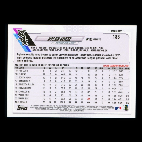 Dylan Cease 2021 Topps Opening Day Future Stars White Sox