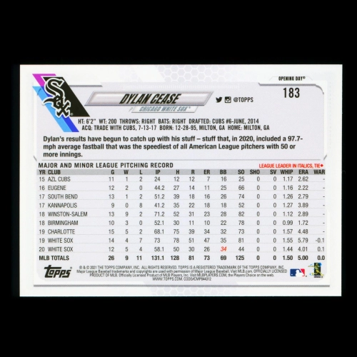 Dylan Cease 2021 Topps Opening Day Future Stars White Sox