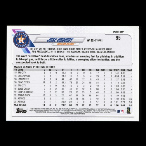 Jose Urquidy 2021 Topps Opening Day Future Stars Astros