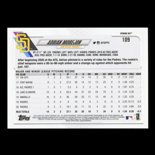 Adrian Morejon 2021 Topps Opening Day Future Stars Padres