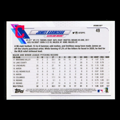 James Karinchak 2021 Topps Opening Day Future Stars Indians